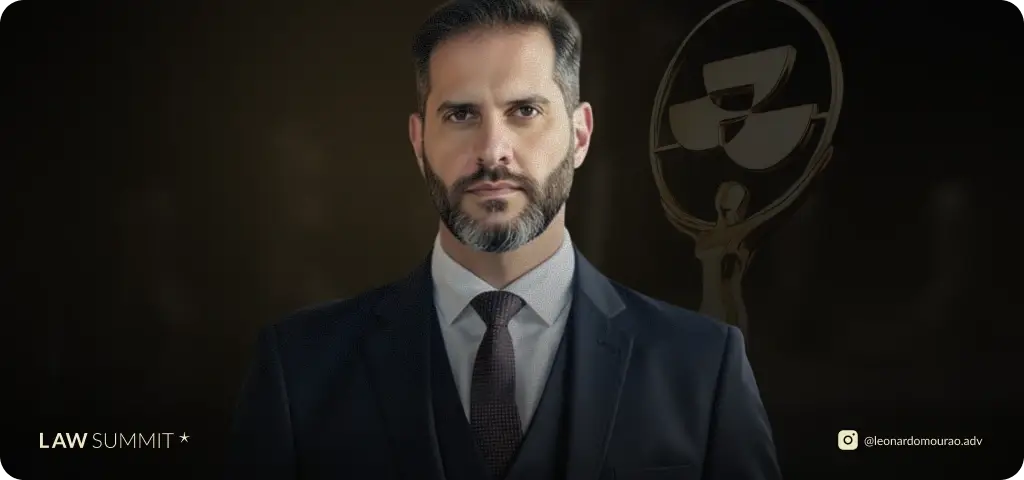 Banner com imagem do advogado trabalhista Leonardo Mourão, ganhador do prêmio Law Summit com melhor instagram jurídico